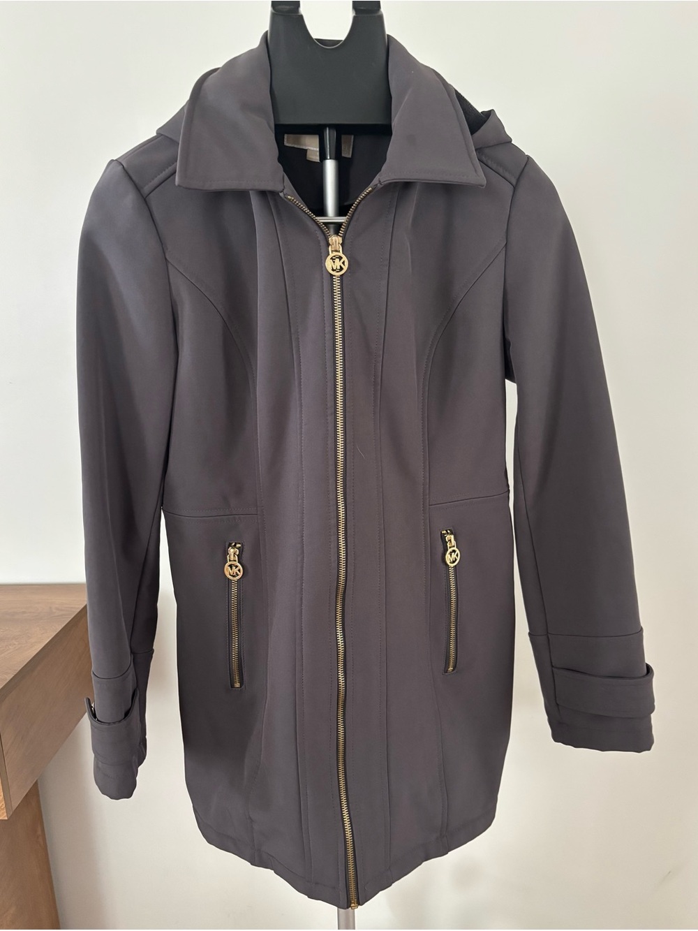 Michael Kors Charcoal Zip-Front Trench Coat with Gold Hardware